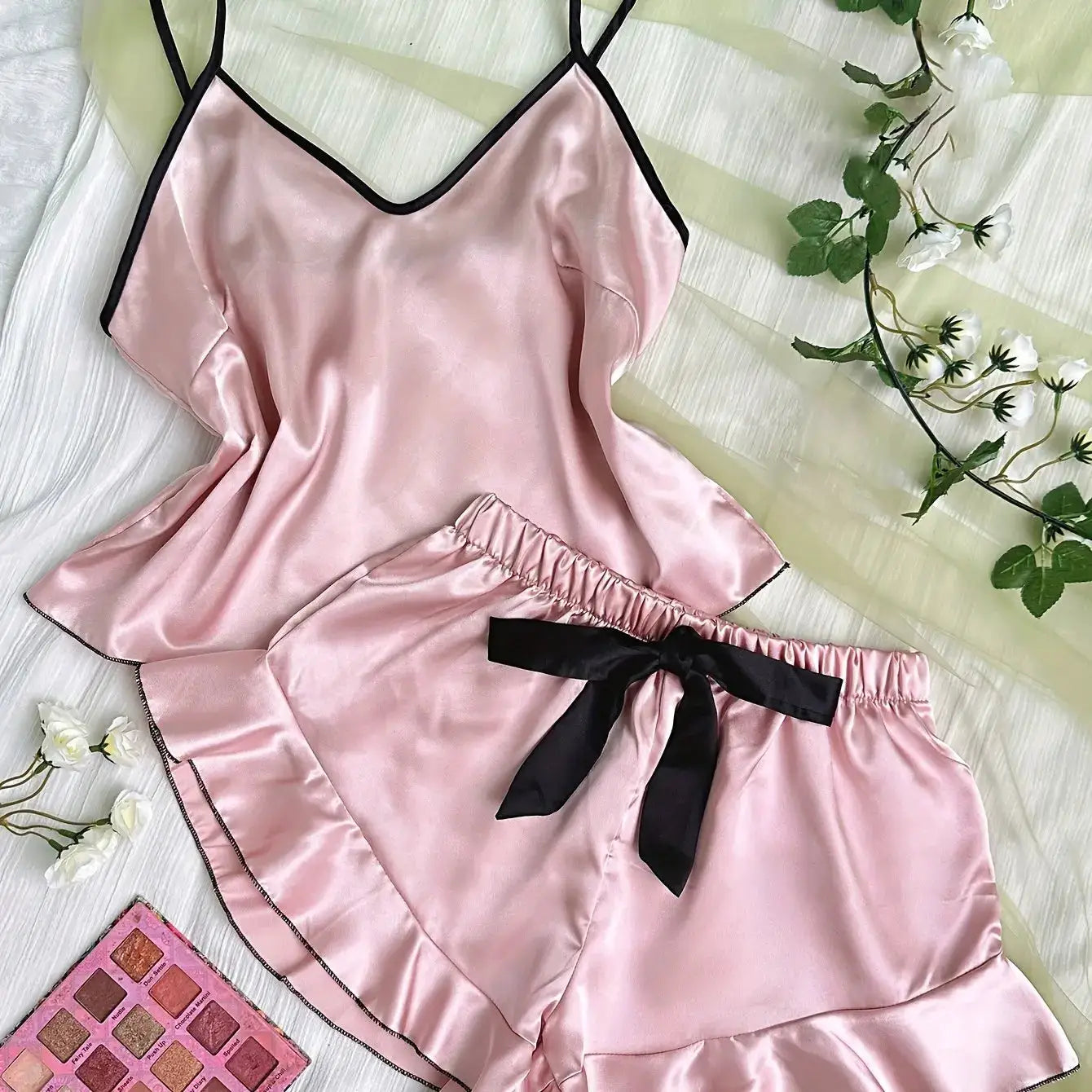 LuxeLuna Satin Pajama Set With Breathable V Neck Top Ruffled Edges And Bow Shorts