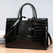 Luxury crocodile-pattern PU leather handbag with top-handle design and detachable shoulder strap, black