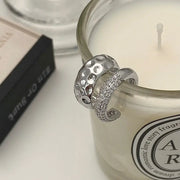 Ear bone clips, 2 pcs; silver-tone double-layer cuffs with hammered perforated ball and rhinestone band