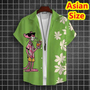 Men's green short-sleeve Hawaiian shirt with cartoon tiger holding a cocktail and white hibiscus print.