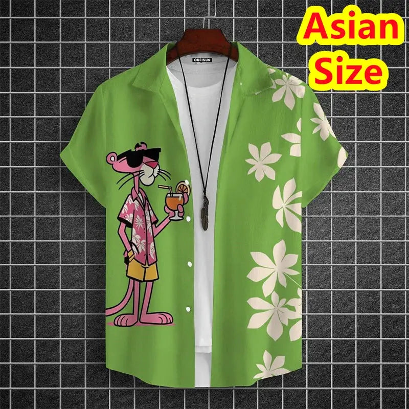 Men's green short-sleeve Hawaiian shirt with cartoon tiger holding a cocktail and white hibiscus print.