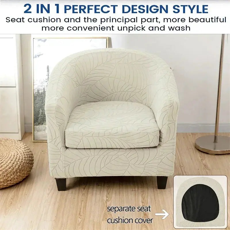 Leaves Jacquard tub chair cover in cream with leaf pattern; stretchy anti-dirt slipcover.