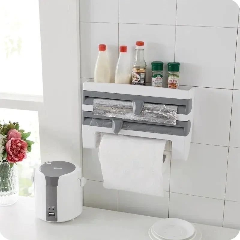 4 In 1 Adhesive Wall Mount Kitchen Organizer Paper Towel Holder Tissue Dispenser Film Cutter Sauce Bottle Rack