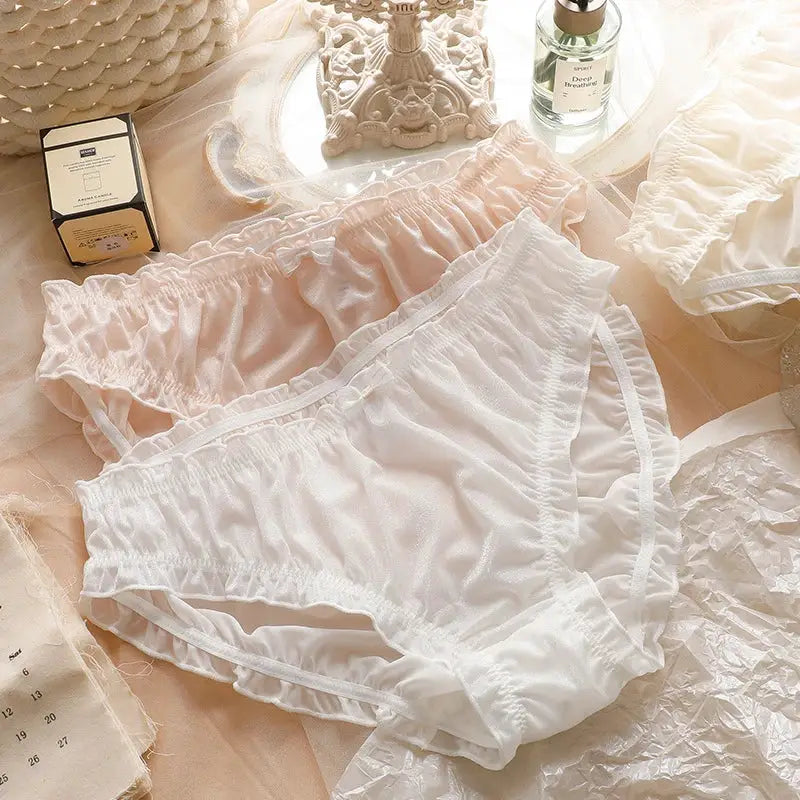 Simples Market women's large-size sheer ice-silk underwear, two white and peach panties with ruffled edges