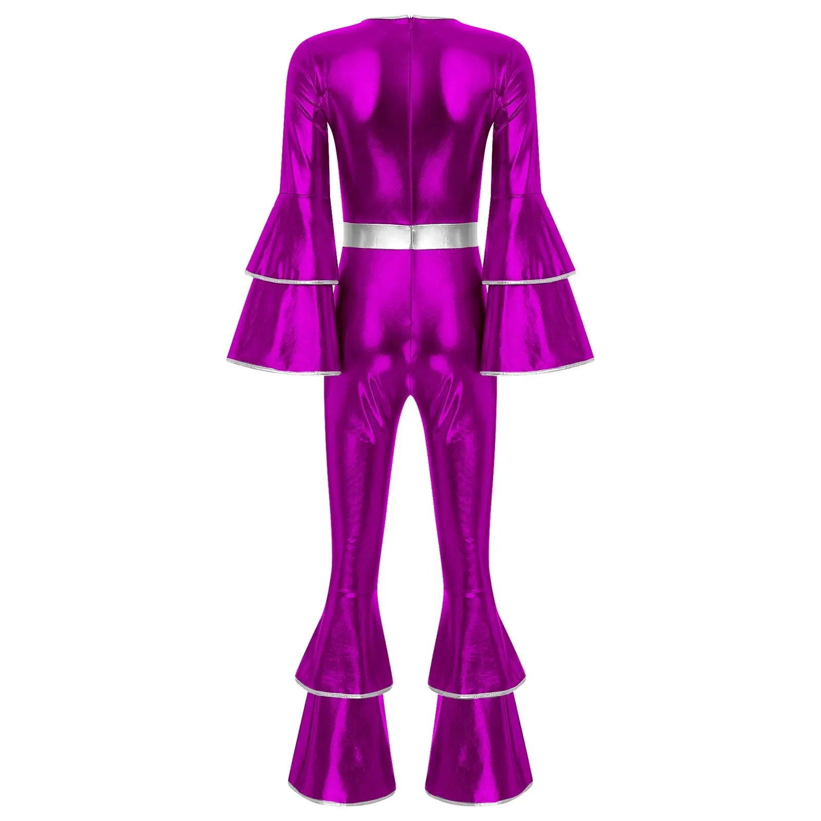 Women's metallic purple disco jumpsuit with silver waist belt and bell sleeves