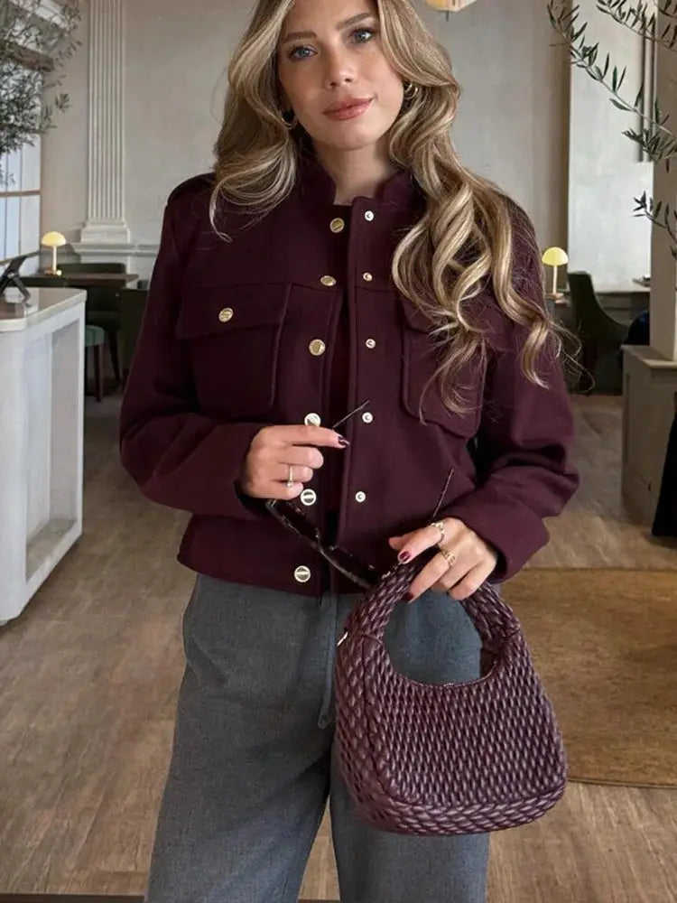 HH 2024 Fashion Women Soft Tweed Bomber Jacket O Neck Long Sleeve Pockets Button Closure Loose Woolen Coat Streetwear