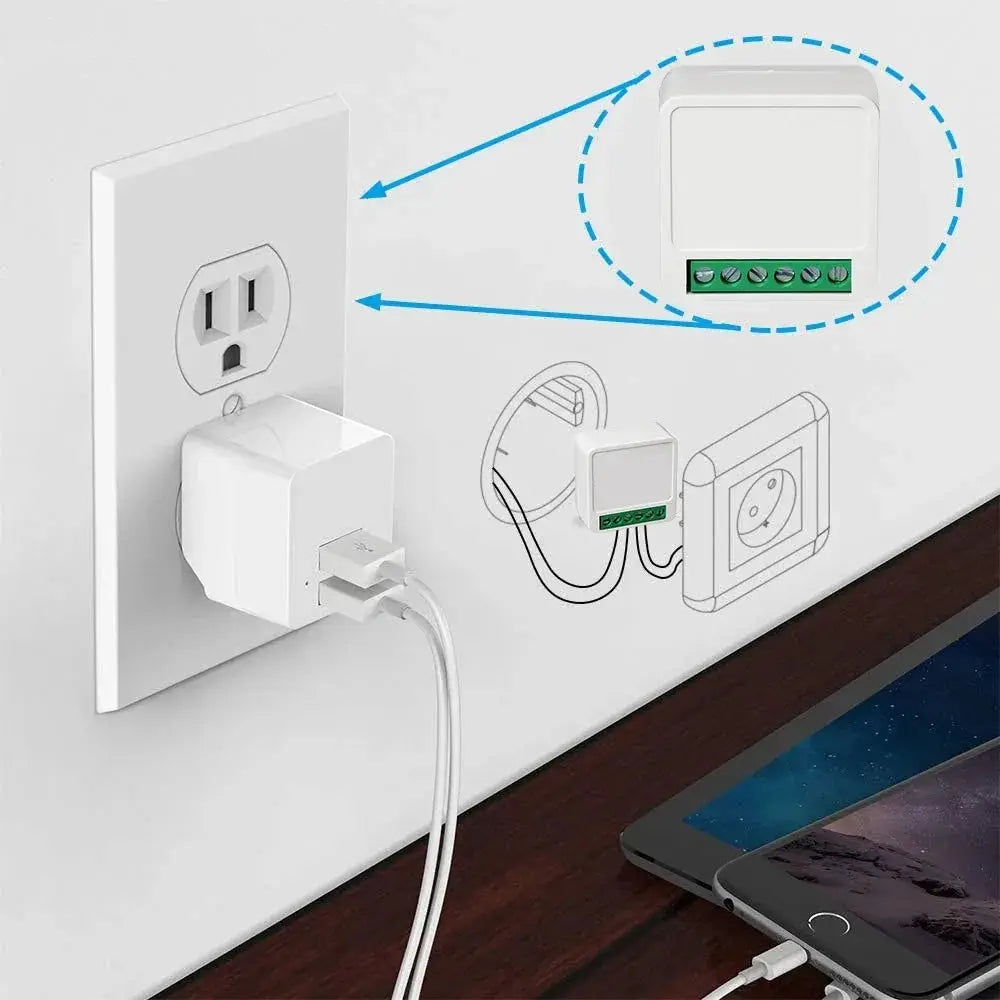 Mini 16A WiFi smart switch module by Simples Market with green terminal block, compatible with Alexa and Google Home