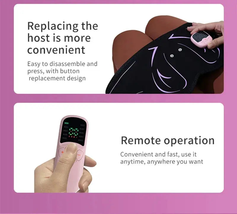 EMS hip trainer belt with remote control, pink strap and black panel for butt lifting and toning