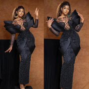 Elegant African Prom Dress Handcrafted Beads Black Aso Ebi 3D Sleeves