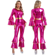 Simples Market womens 70s disco metallic pink jumpsuit with gold belt and bell sleeves, front & back views