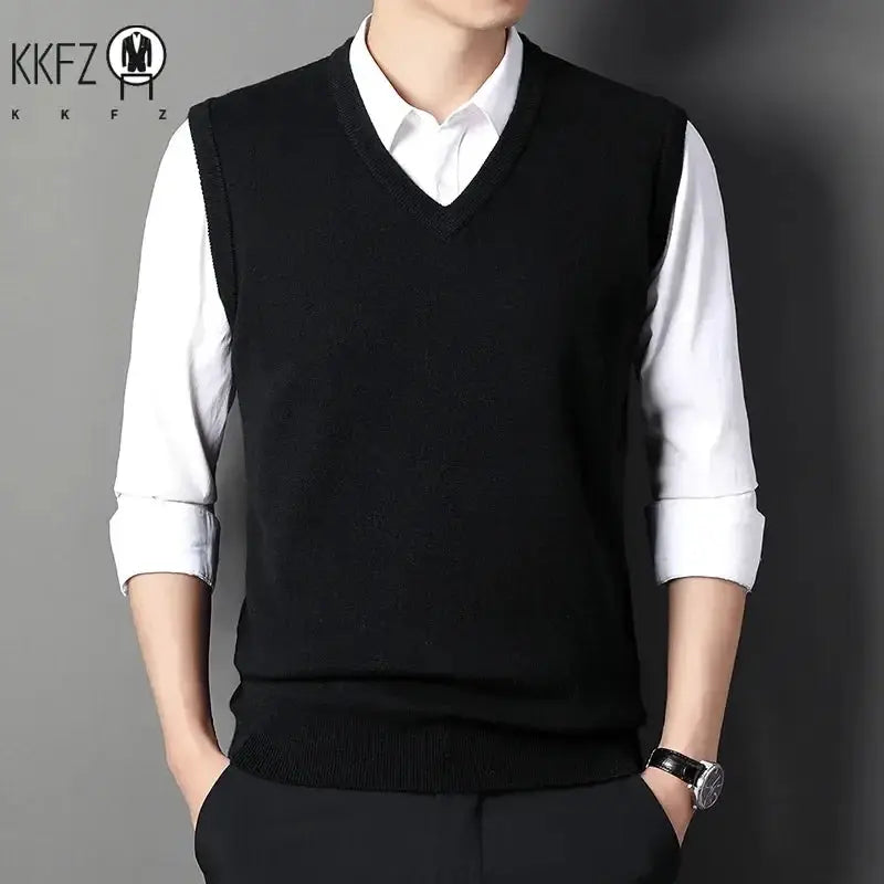 Men's black V-neck knitted vest over a white shirt, Simples Market, KKFZ logo visible.