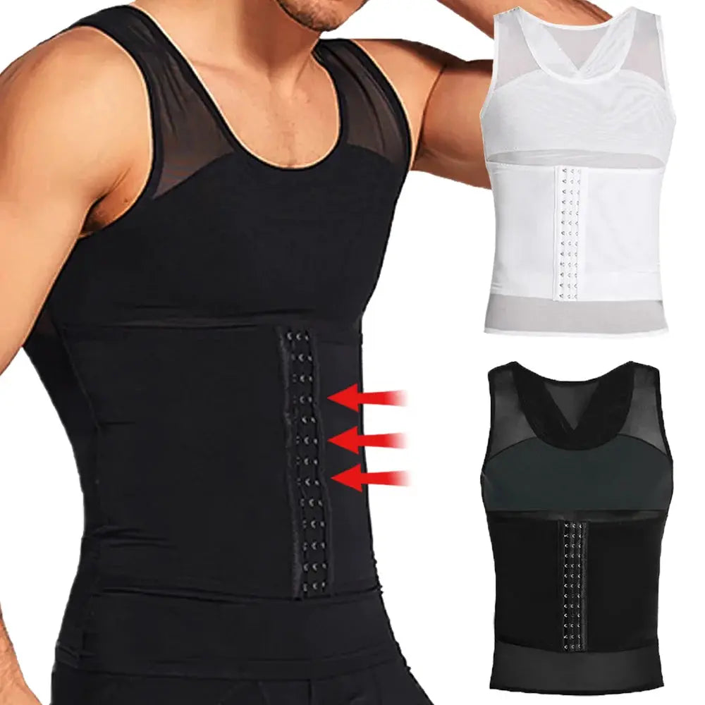 Men's Simples Market body shaper compression vest with waist cincher; three color variants: black, white, black mesh