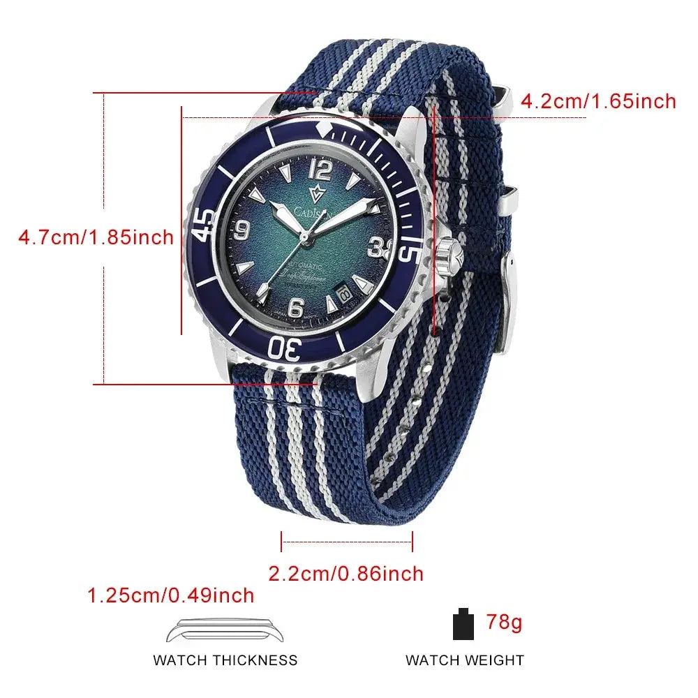 CADISEN Deep Explorer watch with blue dial and striped blue canvas strap