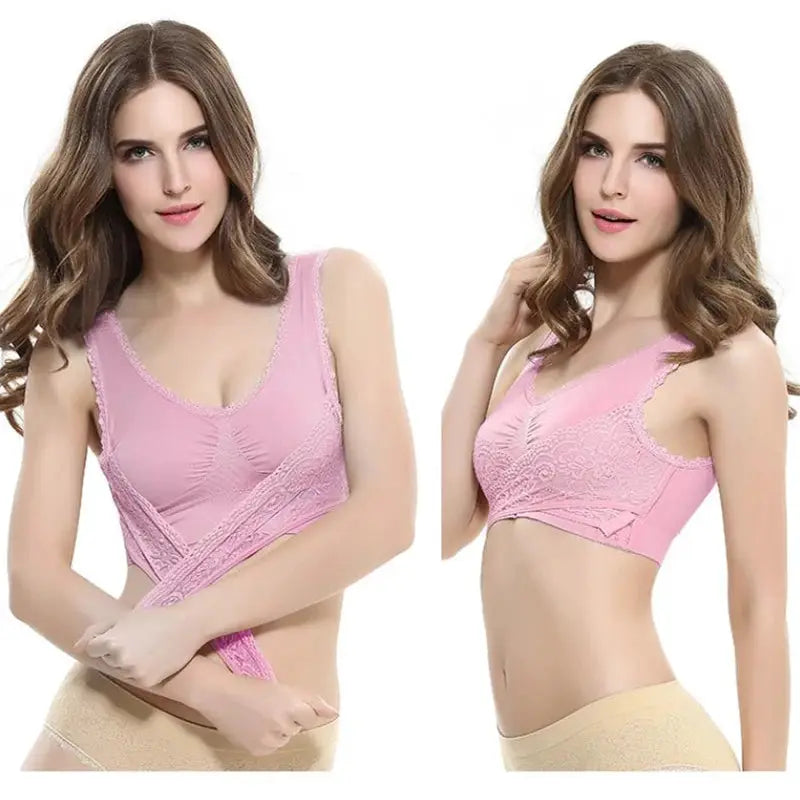 Two pink lace bralettes with seamless cups worn by models.