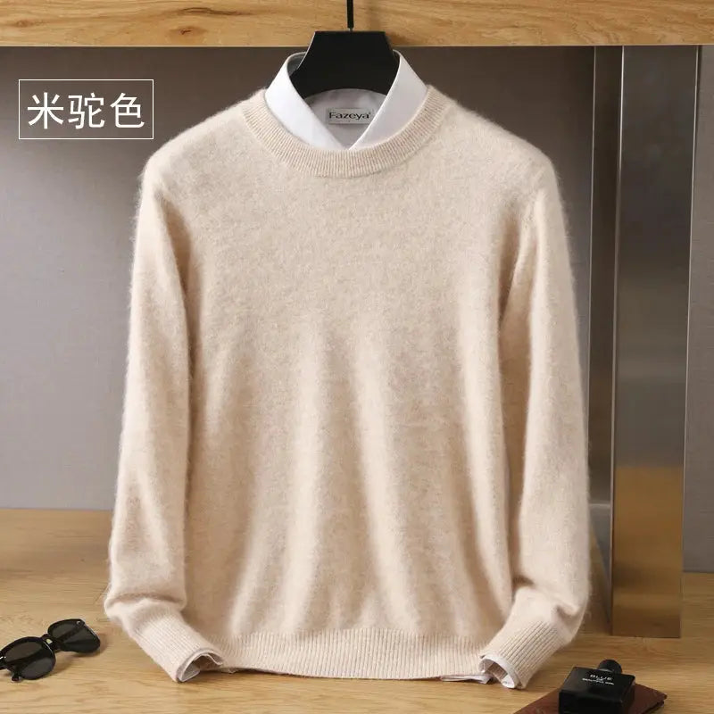 Men's beige mink cashmere O-neck sweater, long sleeve knit by Simples Market.