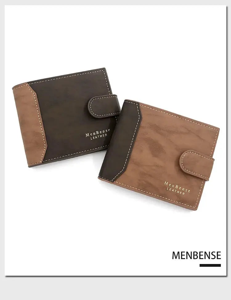 Men's wallet with hasp card holder, two-tone brown PU leather, MenBense Leather, two wallets shown