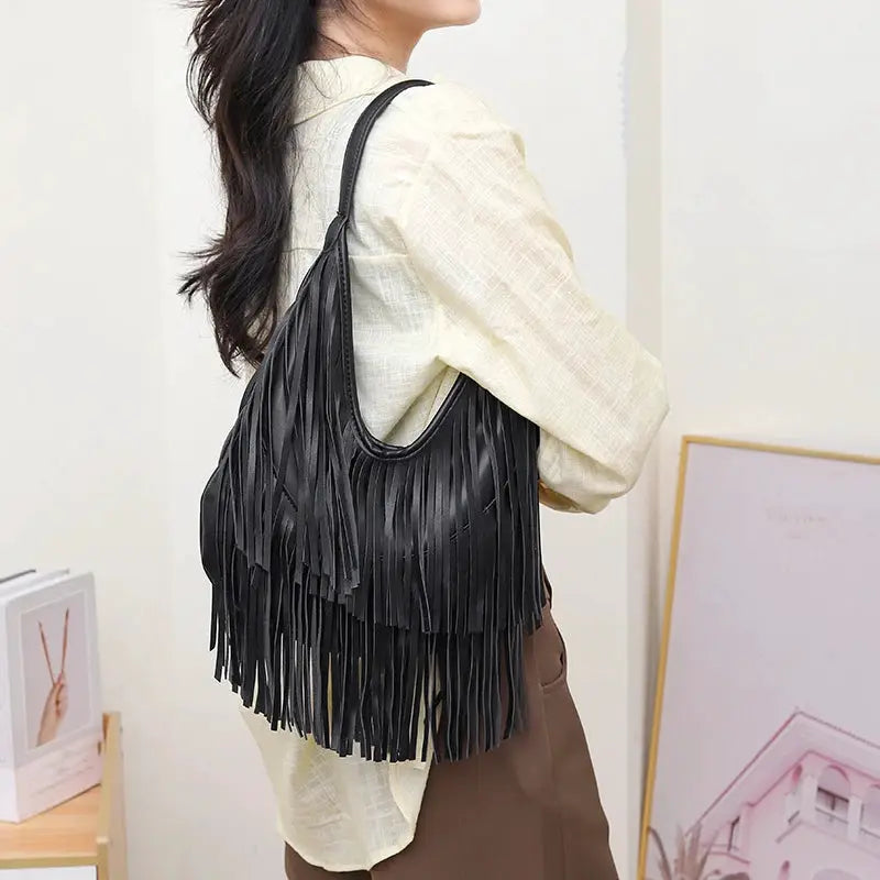 Black fringe handbag with long tassels, soft PU leather hobo shoulder bag