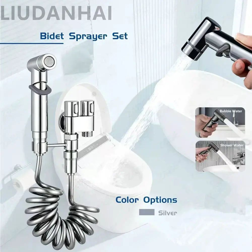 Handheld bidet sprayer set in silver stainless steel with a coiled hose and wall-mount bracket.
