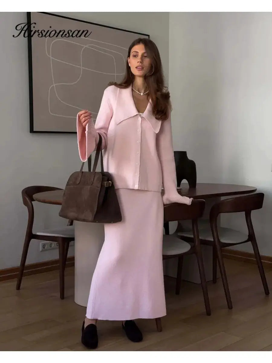 Hirsionsan Two Piece Set Women Polo Neck Cardigan And Midi Dress