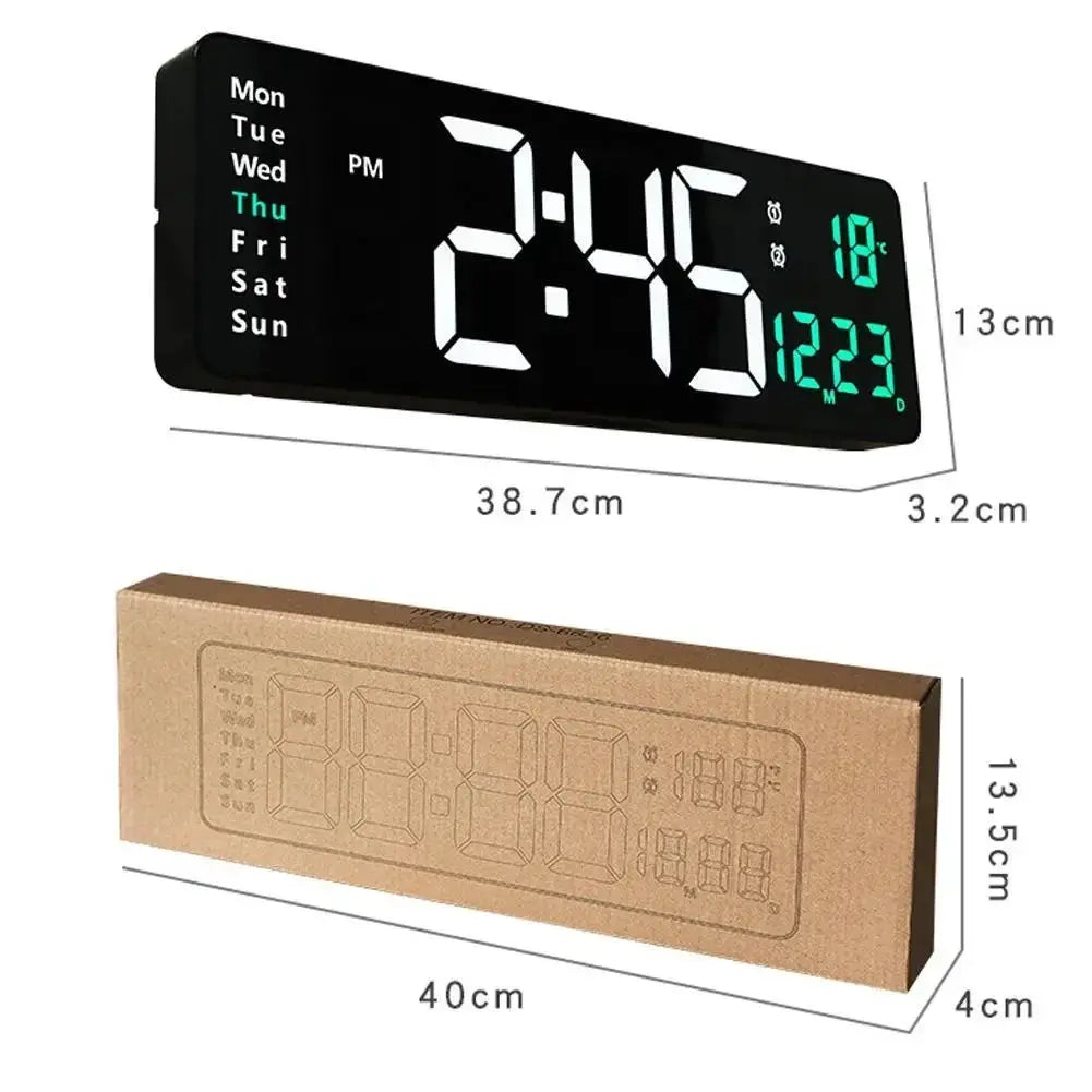 Large digital wall clock by Simples Market, black with green LED digits, remote control; date/temperature display, shown with box