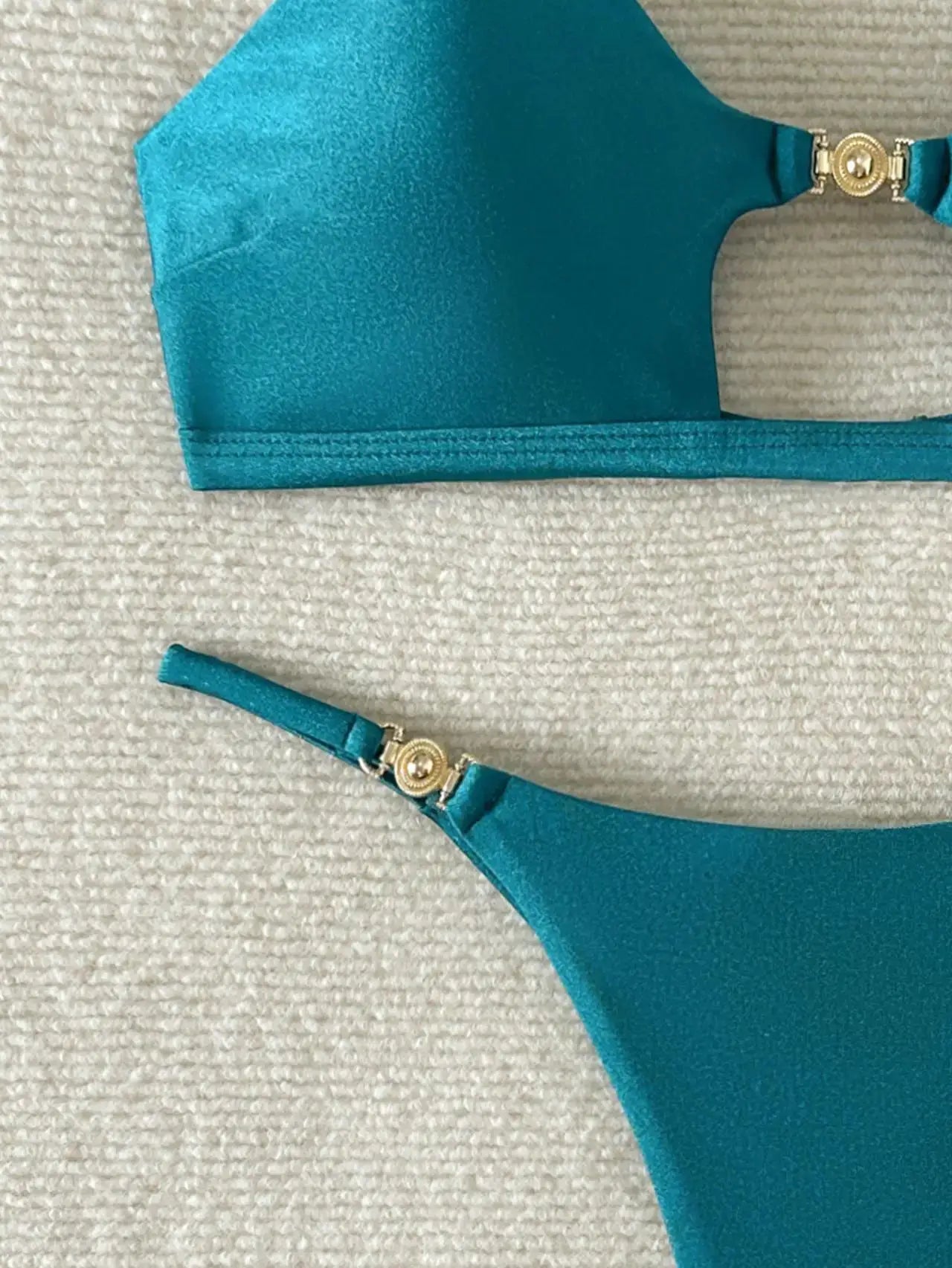 Bikini set teal by Simples Market with push-up triangle top and Brazilian cheeky bottoms, gold hardware accents