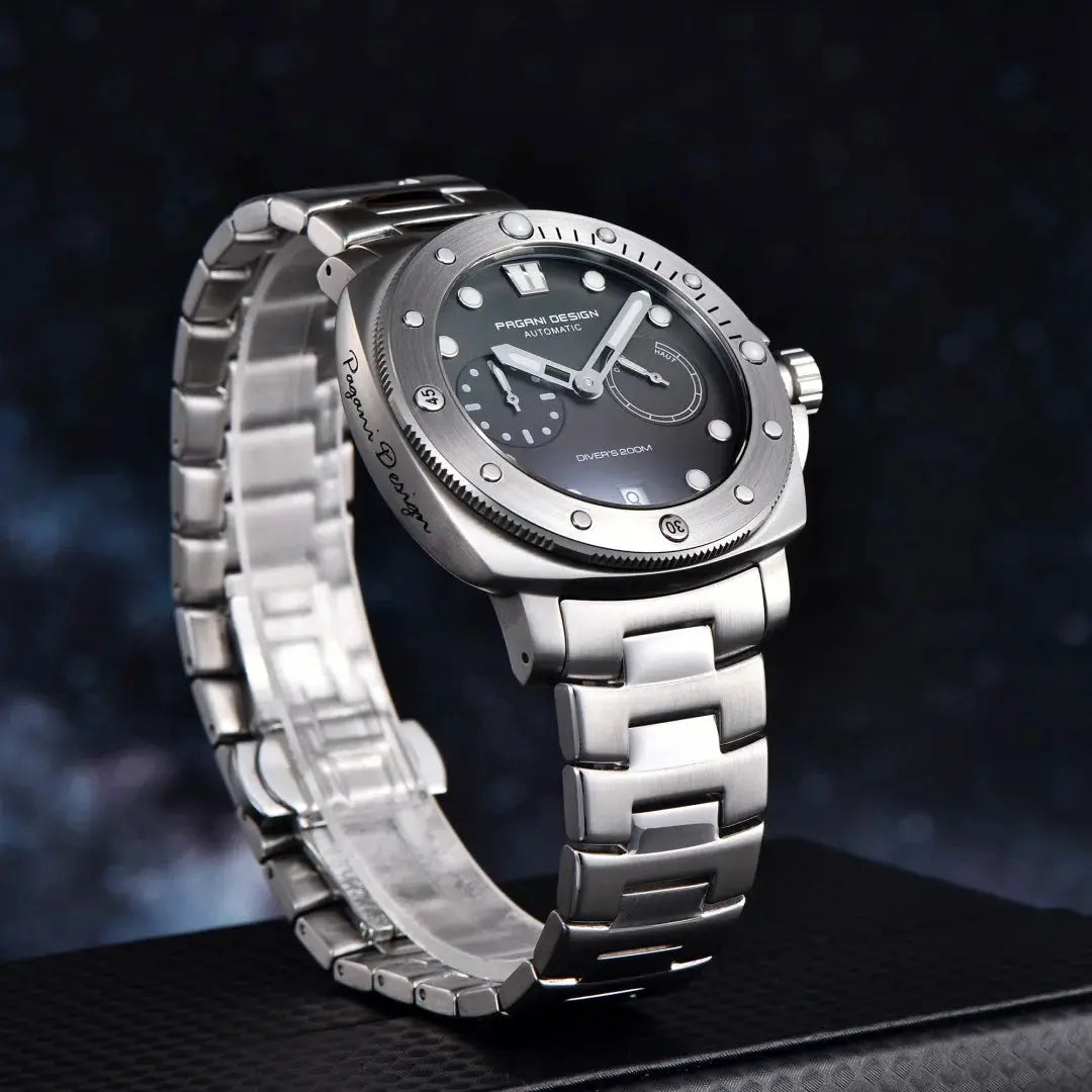 Pagani Design men's automatic diver watch with stainless steel bracelet and black dial