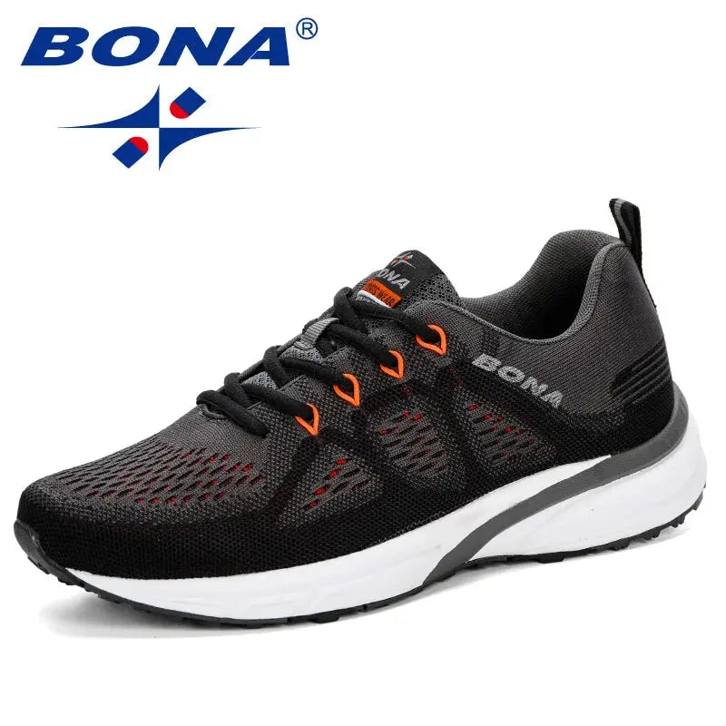BONA men's black mesh sneakers for running with orange accents and white sole