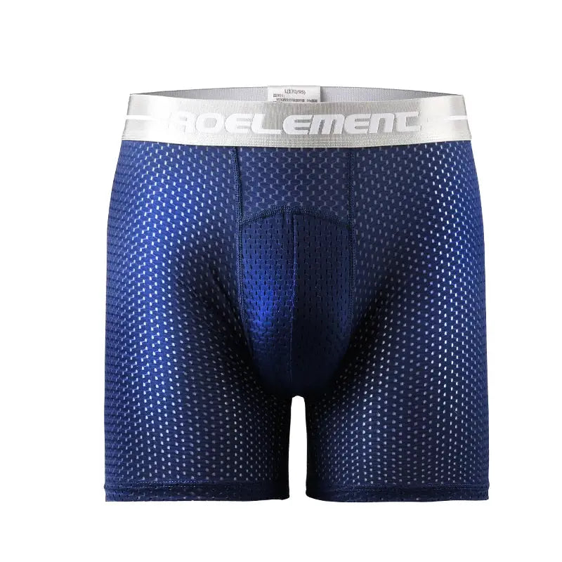 Simples Market men's extra-long blue ice-silk mesh boxer briefs with white waistband