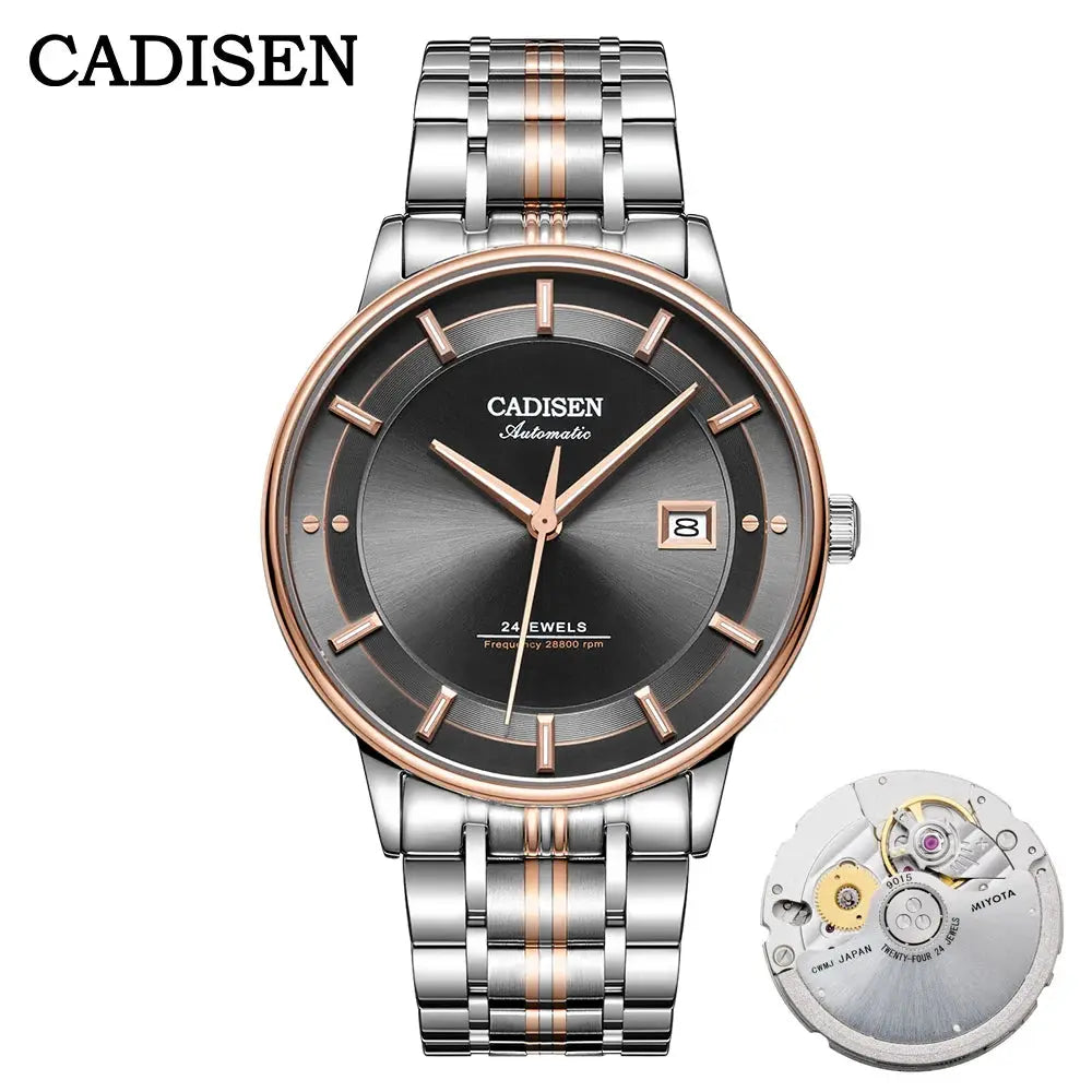 CADISEN wristwatch with rose-gold and silver stainless steel bracelet, black dial, date window, MIYOTA 9015 automatic
