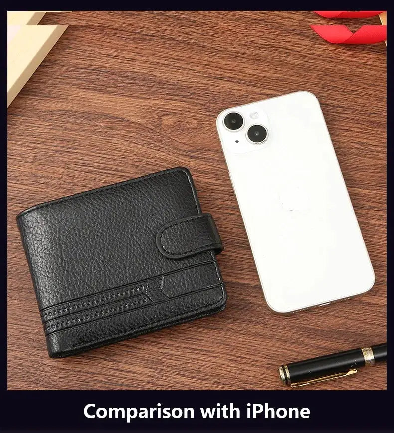 Men's slim black leather bifold wallet with card slots; 2 items: wallet and iPhone