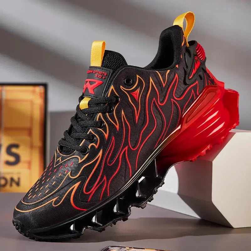 Men's sneakers with black fabric and orange flame pattern, yellow heel pull tab, red air-cushioned sole