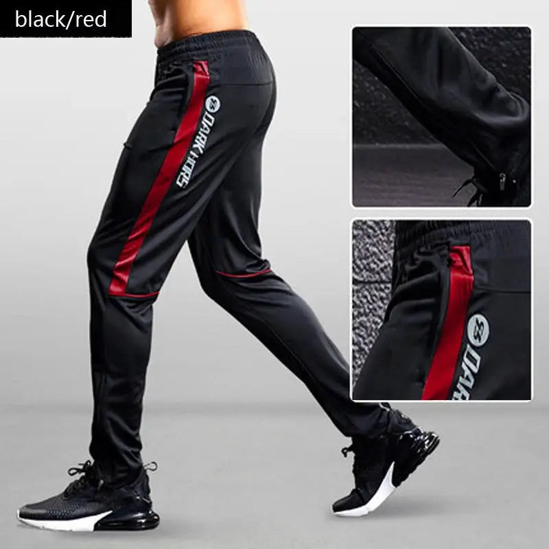 Men's sport pants with red side stripe and zip pockets, black athletic joggers by Simples Market