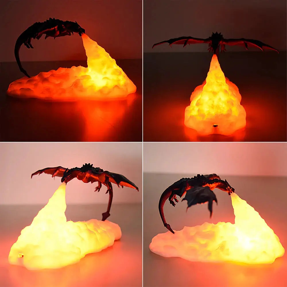 3D printed fire dragon LED desk lamp on a glowing orange rock base, USB rechargeable