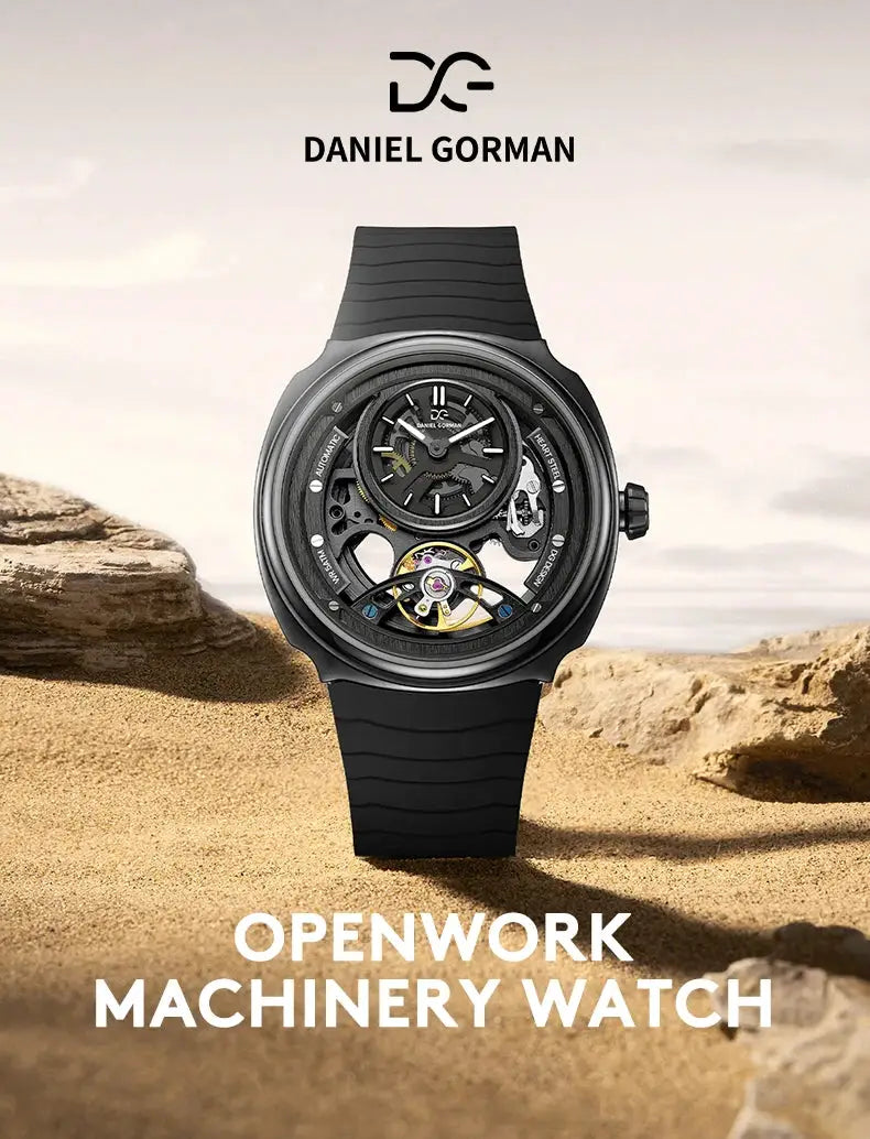 Daniel Gorman openwork skeleton automatic wristwatch with black silicone strap