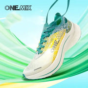 ONEMIX Marathon Carbon Plate running shoe in white with teal laces and yellow-green side panel, by Simples Market