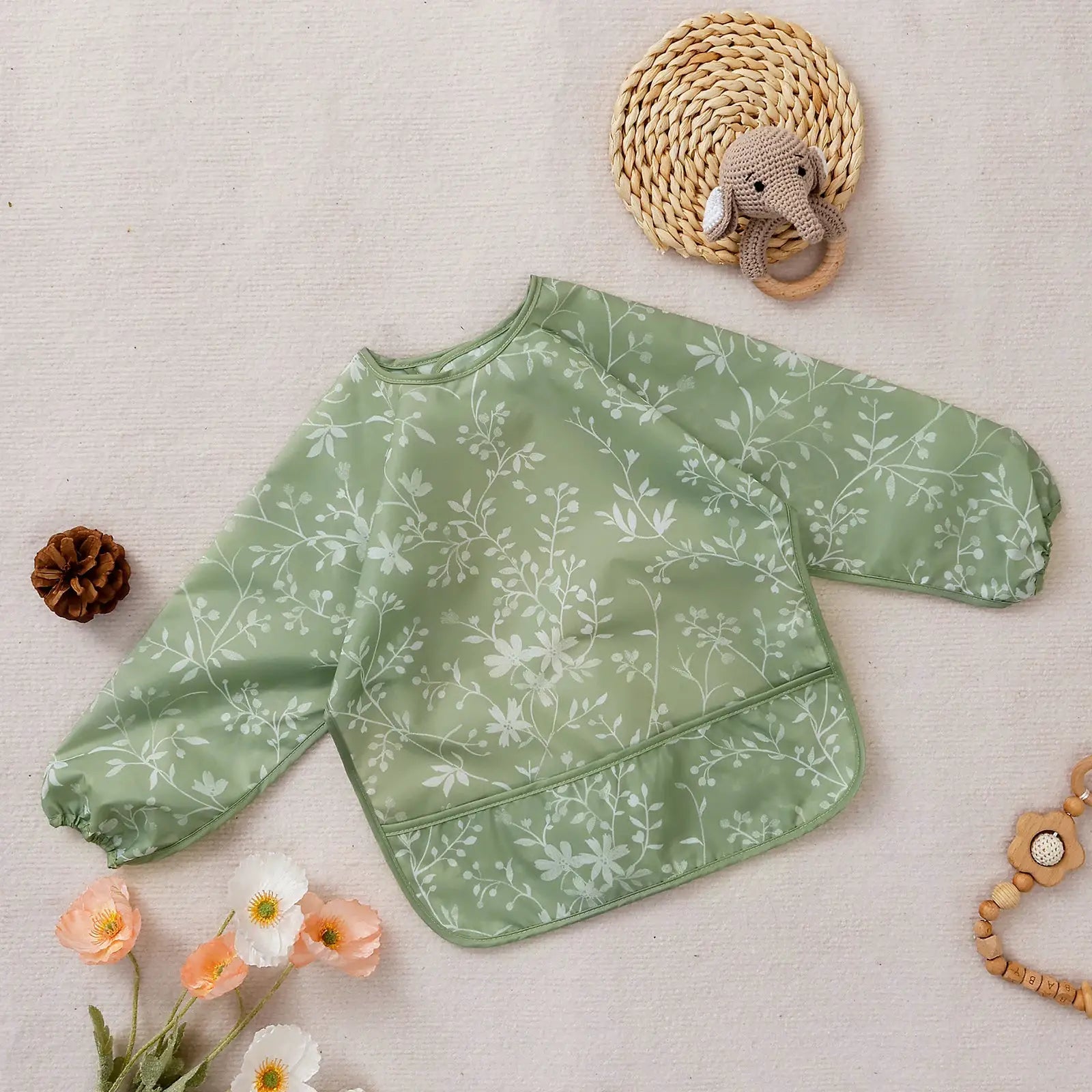 Elinfant Long Sleeve Waterproof Feeding Bibs For 1-3 Years Washable Burp Cloth Coverall Bibs Easy Clean