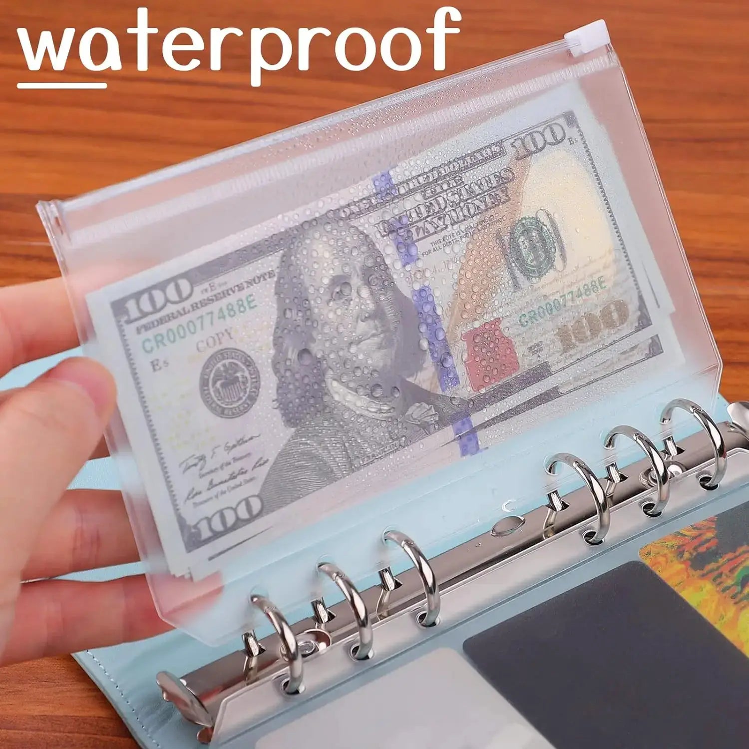 Simples Market 8pcs PVC binder pocket cash envelopes in transparent zipper pouches inside a blue ring binder