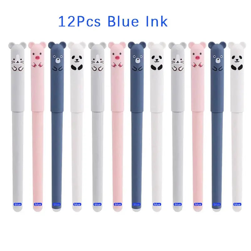 12-pack panda erasable gel pens by Simples Market; pastel-colored handles white, gray, pink and blue with animal caps
