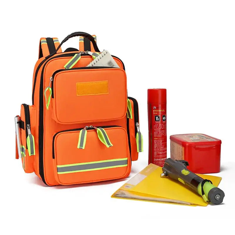 Emergency Rescue First Aid Backpack featuring bright orange design with medical supplies for first aid emergency backpack.
