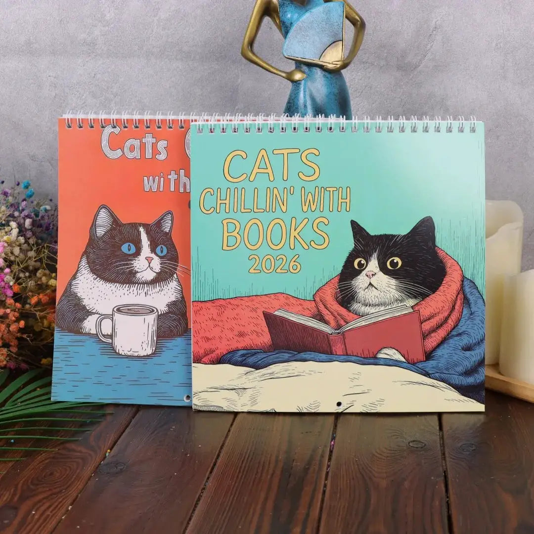 Two cat-themed wall calendars; teal calendar reads Cats Chillin' With Books 2026 beside a cat reading.