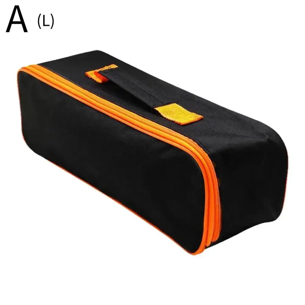 Portable black Oxford tool bag with orange zipper and handle loop