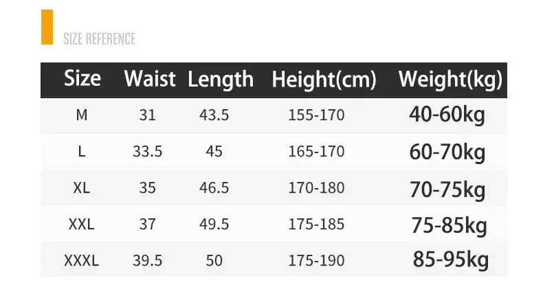 Simples Market men's compression shorts size chart showing waist, length, height and weight ranges (M-XXXL).