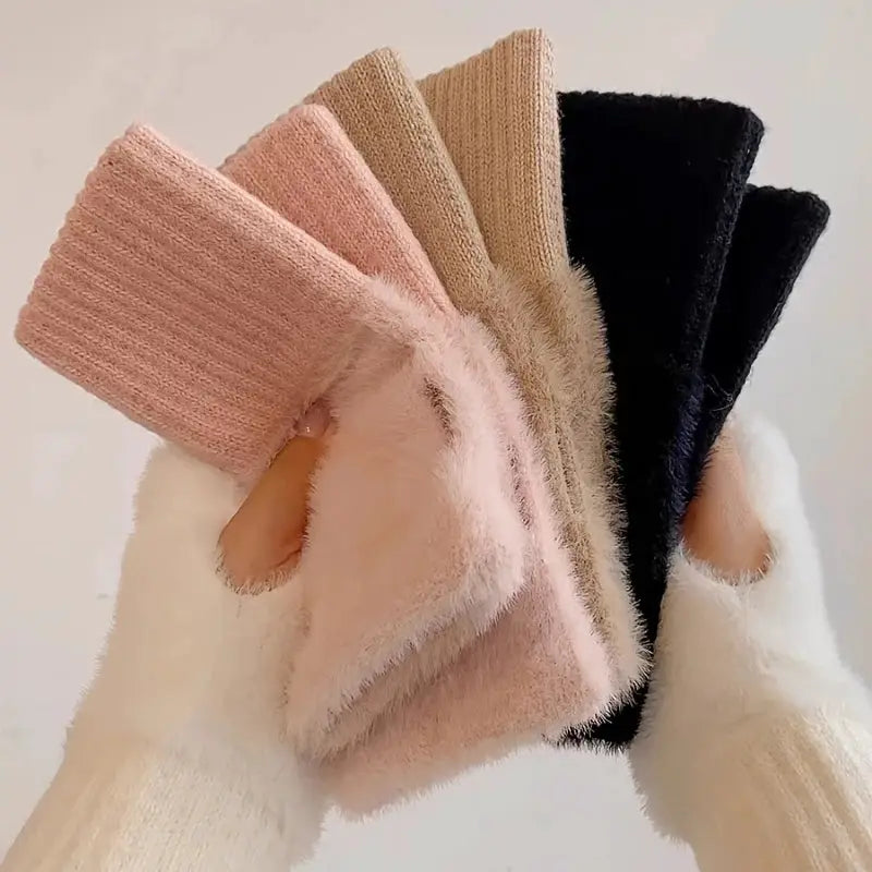 Autumn Winter Soft Mink Fleece Half Finger Gloves for Women Plush Fingerless Wrist Mittens for Driving and Writing