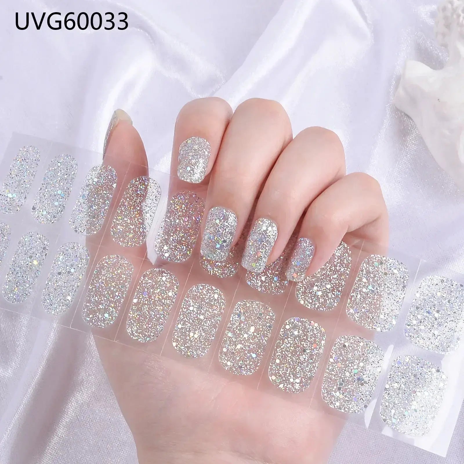 Simples Market gel nail wraps, full-cover glitter silver holographic stickers for DIY manicure, UV lamp compatible