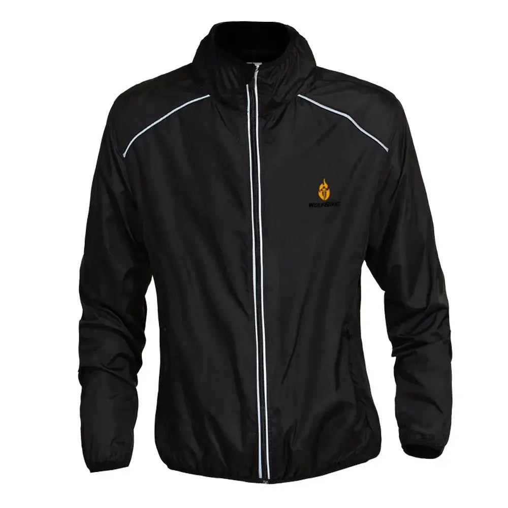 Windproof black cycling jacket with white shoulder piping, orange chest logo, long sleeves