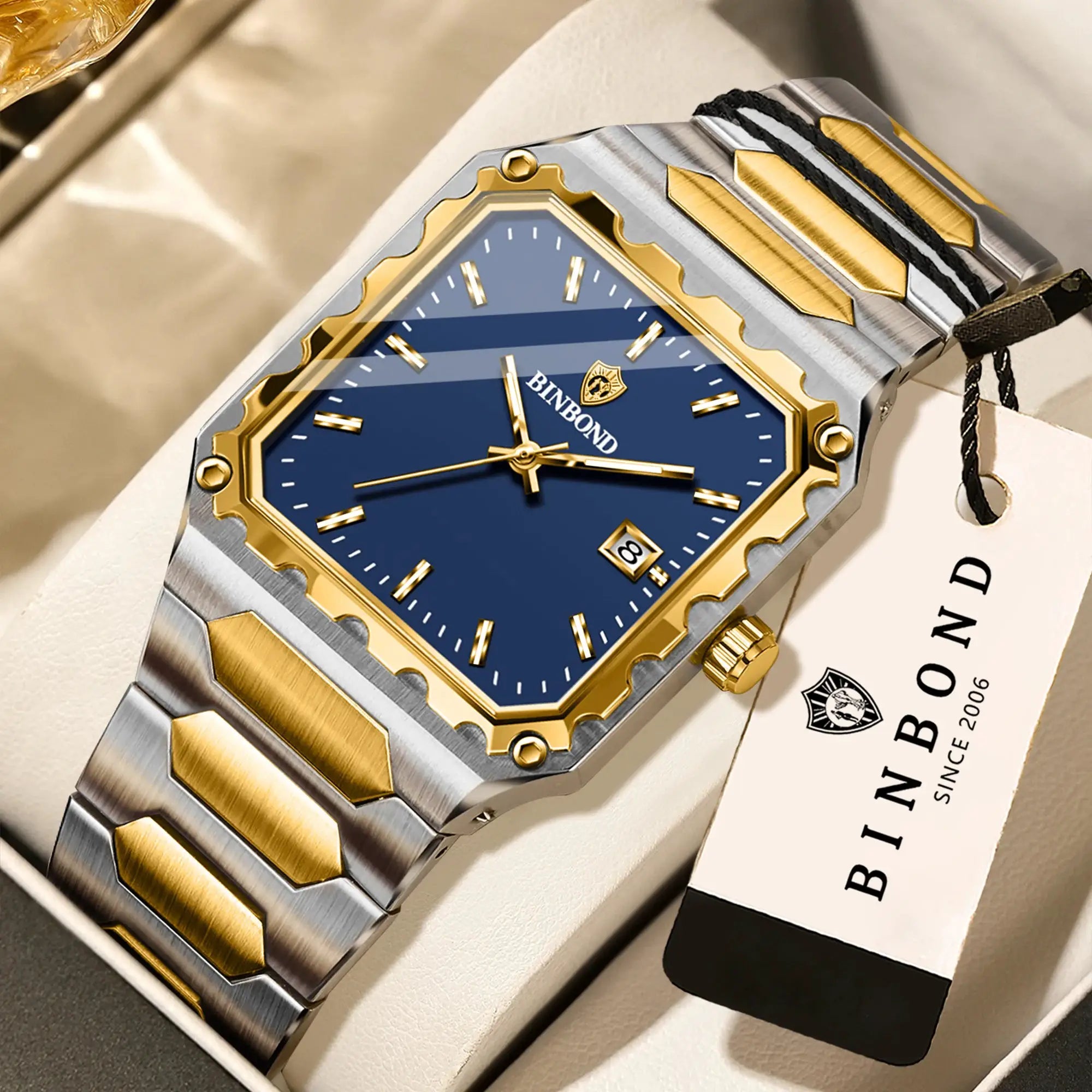 BINBOND luxury men's quartz wristwatch with blue dial and gold-silver two-tone bezel and bracelet