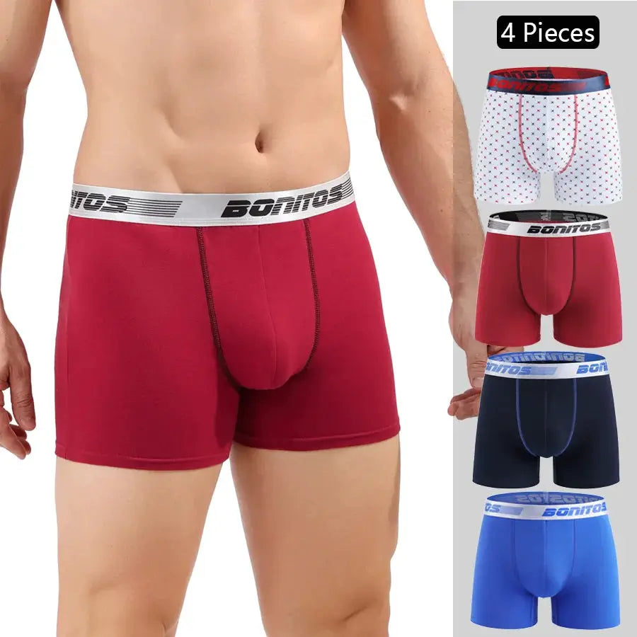 Men's boxer shorts 4-piece set; red foreground with Bonitos waistband, plus white star, red, navy, blue options.