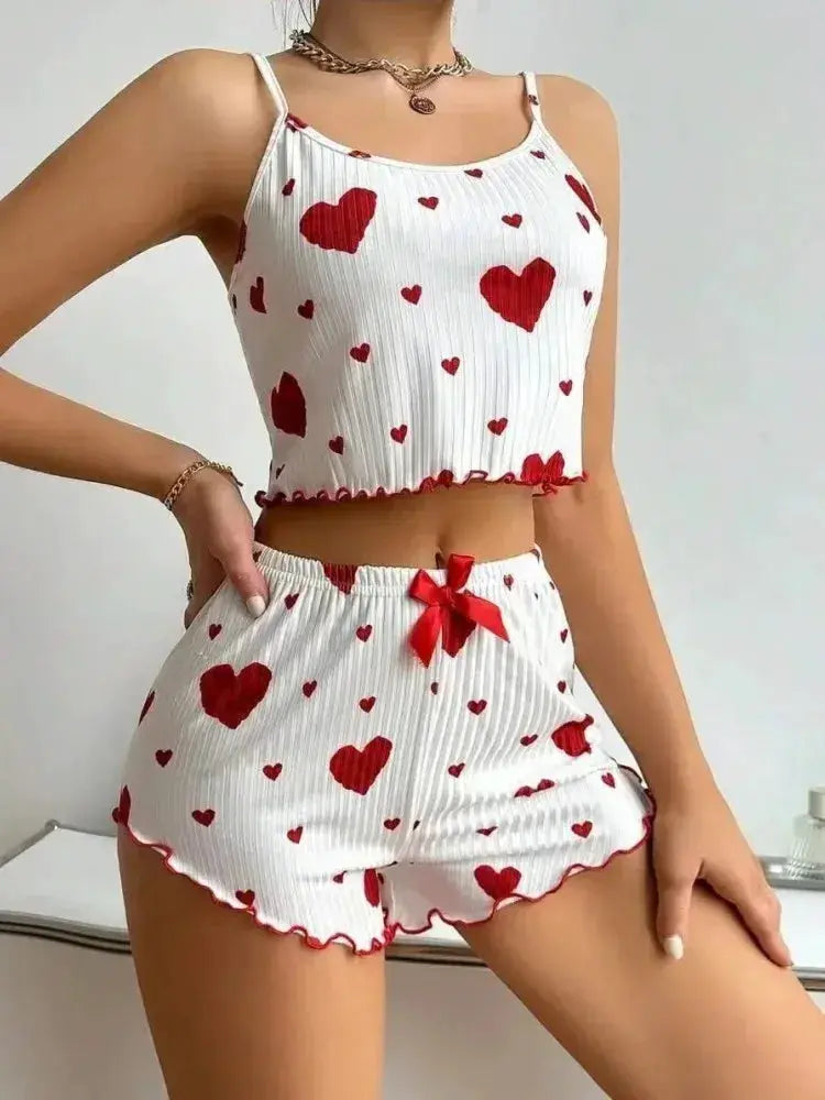 DreamWeave Heart Print Sleeveless Cami Vest And Long Pants Pajama Set Soft Stretch Knit For All Night Comfort