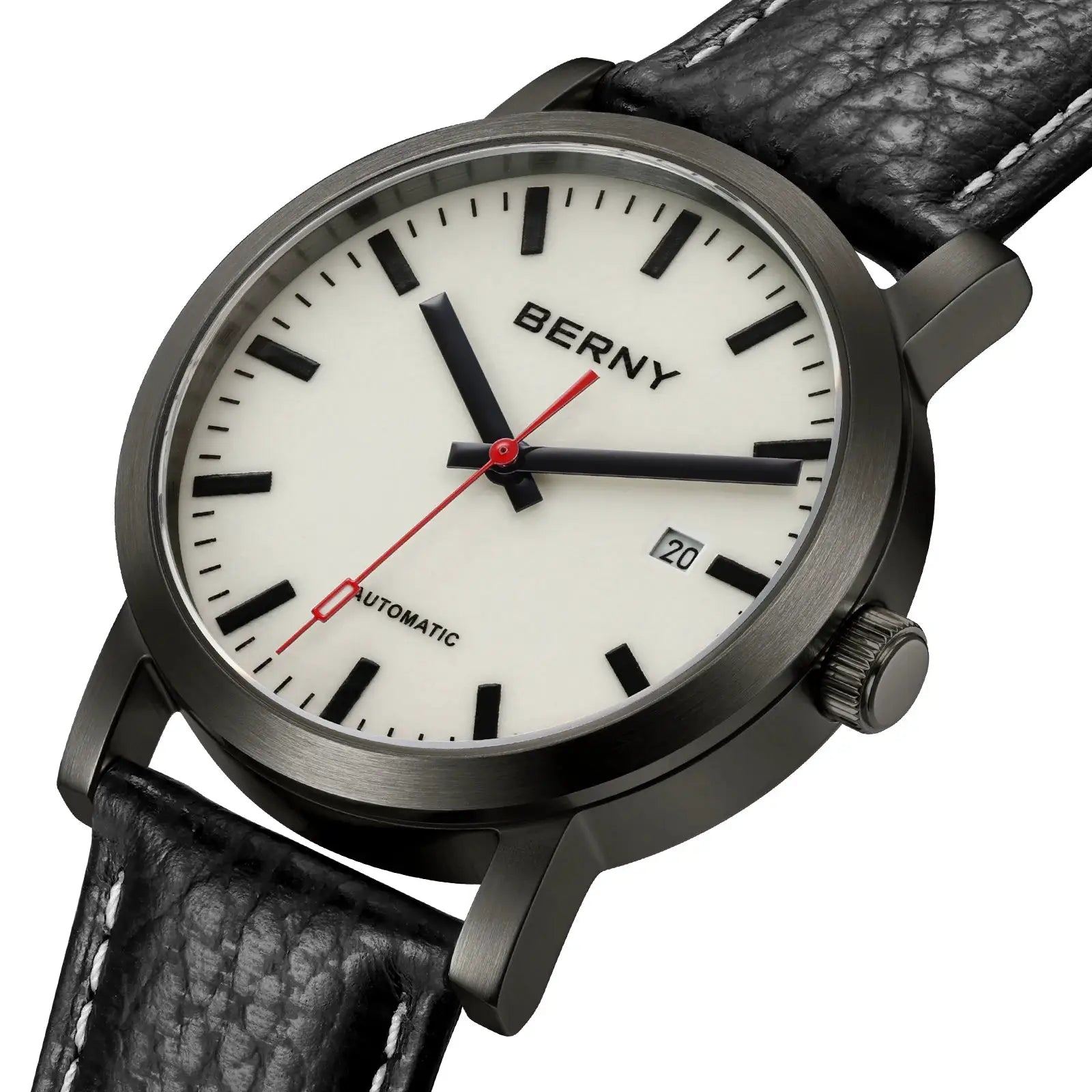 BERNY men's automatic wristwatch with white dial, black case, baton indices, red seconds hand, date window, strap.