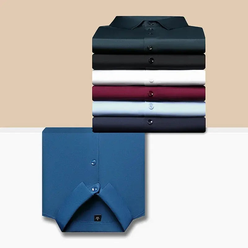 Premium Men's Ultra-Stretch Shirt stack of seven color shirts, with one unfolded blue shirt